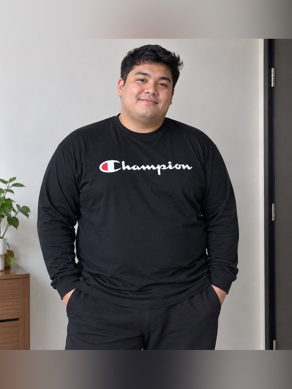 Champion Black Long Sleeve Logo Tee with White & Red Accents